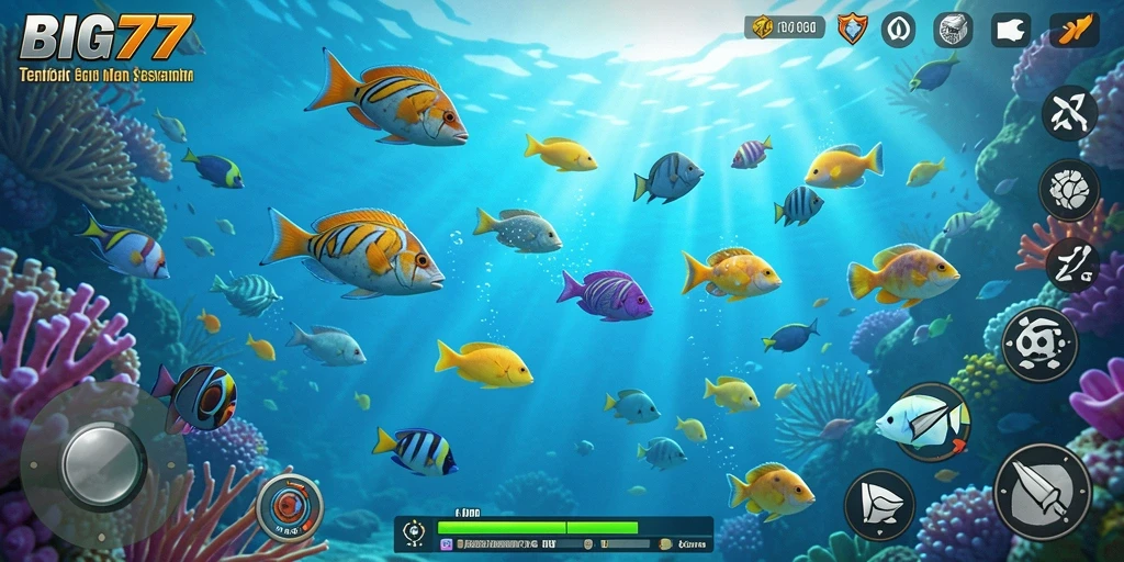 Screenshot utama dari gameplay seru BIG77 yang menampilkan aksi tembak ikan.