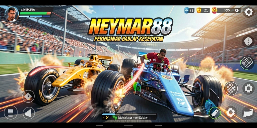 Tangkapan layar permainan NEYMAR88 yang menunjukkan aksi balap yang intens.