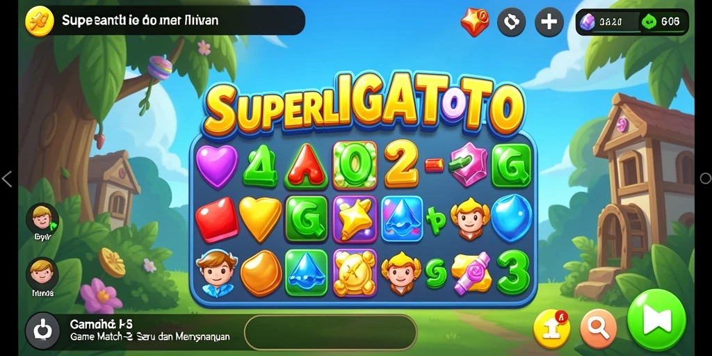 Tampilan gameplay SUPERLIGATOTO dengan objek match-3 yang cerah.